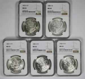 Lot 5 Mix Date Morgan Dollar $1 MS 63 NGC (5 Coins) - Picture 1 of 2