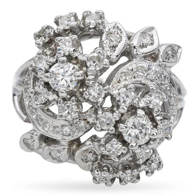 Anillo floral vintage de diamantes de oro blanco de 14k de 0,81 quilates Foto 1 de 4