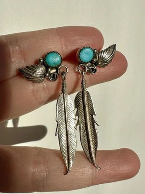 Винтажные индейские серьги из чистого серебра с бирюзой и перьями — NoRes - Изображение 1 из 4