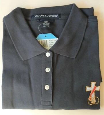 Women's Navy Peruvian Cotton SS Polo Shirt with Embroidered Deacon Wife's Cross - Image 1 of 4