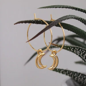 Gold Half Moon Hoop Earrings With Charms - Crescent Dangling Dangle Drops, UK - Picture 1 of 5