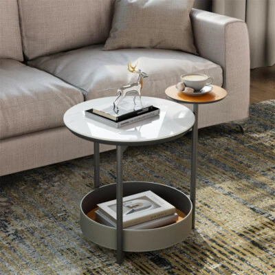 3-Tiers Round Side end Table Bedside Table w/ Sintered Stone-top, Leather Shelf - Image 1 of 4