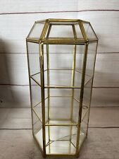 VINTAGE HEXAGON SHAPED GLASS & BRASS CURIO CABINET TABLETOP 11.5”