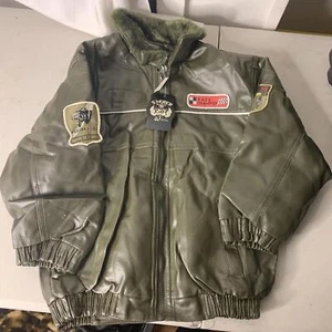 Boys Leather Flight Jacket - XL, Green with Patches - Picture 1 of 8