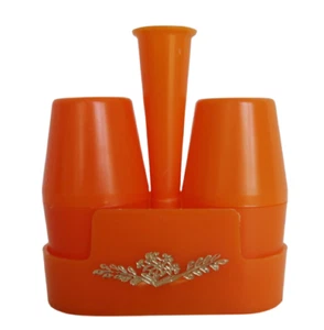 Juego de salero y pimienta de plástico naranja MCM vintage con soporte - Imagen 1 de 7
