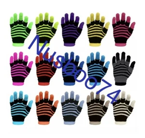  Unisex NEW Striped Magic Gloves 2 in 1 Fingerless Plus Gloves One Size Fits All - Picture 1 of 9