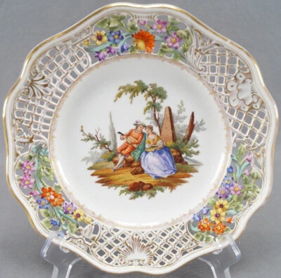 Helena Wolfsohn Dresden Hand Painted Reticulated Watteau Scene 8 1/2 Inch Plate - Image 1 of 4