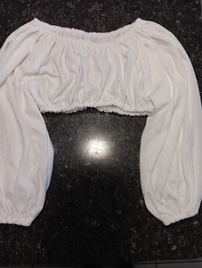 White Crop Top Hippy Peasant Ethnic Boho Pirate Long Sleeve Blouse handmade Sz M - Picture 1 of 2