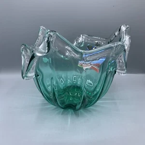 Murano-Style Lavorazione Asymmetrical Art Glass Bowl Green/Aqua/Clear 7” New - Picture 1 of 6