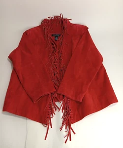 Dialogue Red Suede Leather Fringed Long Sleeve Jacket Size L - Picture 1 of 9