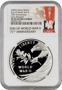 2020 END OF WORLD WAR II 75TH ANNIVERSARY MEDAL NGC PF69UC 1 OZ SILVER ,BOX, COA - Picture 1 of 2