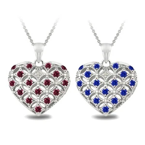 925 Silver Created Gemstone & Diamond Accent Heart Locket Necklace - 2 Colors - Picture 1 of 3
