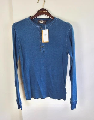 Suéter Henley RRL Ralph Lauren Para Hombre Azul Índigo Teñido Rayas Jacquard Tejido Foto 1 de 2