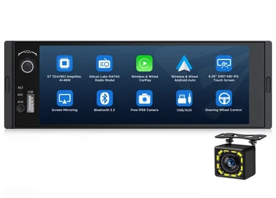 Wireless CarPlay Android Auto Car Stereo 1 DIN IPS Display Bluetooth Reverse Cam - Image 1 of 4