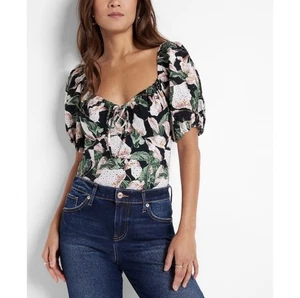 Neu mit Etikett Express Damen Body schwarz Blumen Ösen kurze Puffärmel Gr. M NEU! - Bild 1 von 14