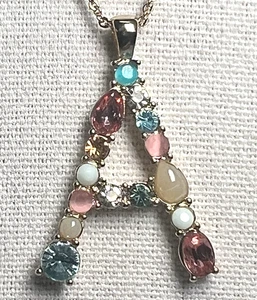 New BELLA Monogram capital A Necklace Multi Color Stones Gold tone pastel 16"+3" - Picture 1 of 8