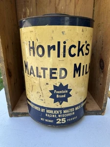 Vintage Horlick’s Malted Milk 25 lb Tin Can Racine WI Farmhouse Primitive Rare - Picture 1 of 9