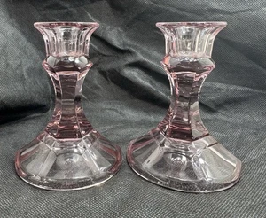 Vintage Set Of 2 Pink/Amethyst Glass Libby Candlestick Candle Holders - Picture 1 of 4