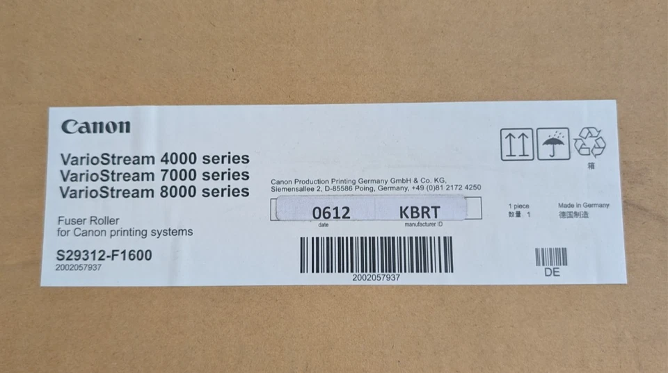 Rodillo fusor Canon Oce VarioStream 4000 7000 8000 S29312-F1600 2002057937 Foto 1 de 1