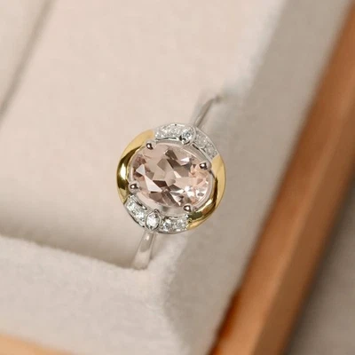 Anillo de compromiso de diamantes y morganita natural ovalado de 1,65 quilates de oro blanco de 14 quilates talla 7 Foto 1 de 4
