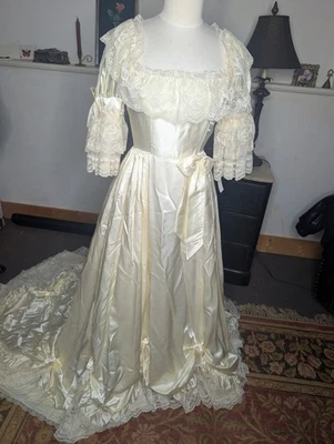Vintage Loralie Victorian Revival Wedding Dress Ivory XS Lace Satin Bows Train - Image 1 of 4
