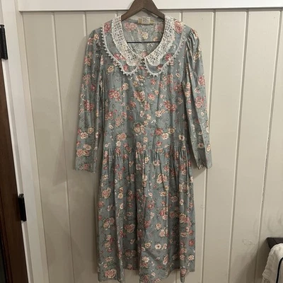Vintage Gunne Sax 70s Lace Prairie Cottagecore Dress, Blue And Pink Floral - Image 1 of 4