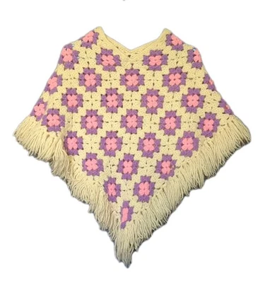 Handmade Crochet Granny Square Shawl Poncho Pink Purple Cream Retro Boho Fringe - Image 1 of 4
