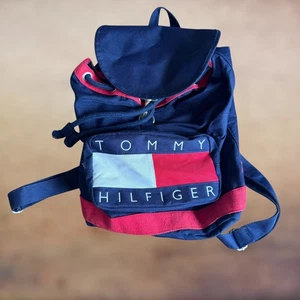 VTG Tommy Hilfiger Backpack Bag Canvas Drawstring Flap Womens School Travel Day - Picture 1 of 12