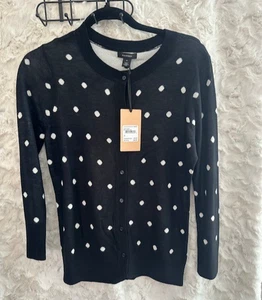 Halogen Womens Cardigan Sweater Black & Ivory Polka Dot Sz M - Picture 1 of 3