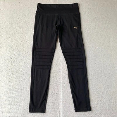 Puma Mujer XL Leggings Negro Sólido Pantalones Largos Yoga Dorado Logo Malla Pantorrillas Foto 1 de 4