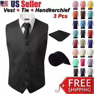 3Pcs SET Men's Formal Vest Slim Tie Hankie Causal Fit Tuxedo Suit Waistcoat Coat - Picture 1 of 24
