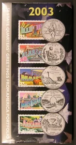 2003 "50 State Quarters Greetings From America Portfolio" 5 Coin and 5 Stamp Set - Picture 1 of 5