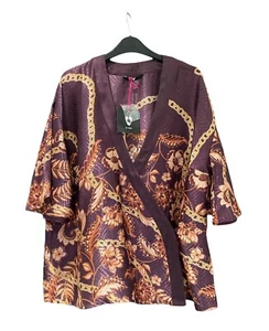 V By Very Top Size 16 Wrap Top Kimono Floral Purple Short Sleeves Blouse Button - Picture 1 of 6