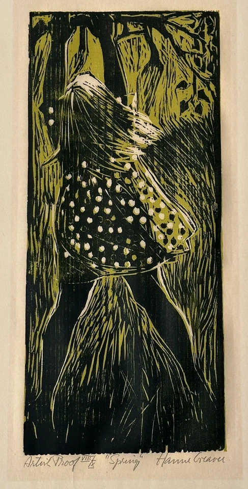 Impresión original tallada en madera "primavera" de prueba de artista Hanne Greaver en muy buen estado años 60 Foto 1 de 4
