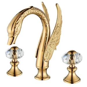 Gold Swan Bathroom Sink Faucet 3 Holes 2 Handle Widespread Basin Vanity Mixer - Picture 1 of 13