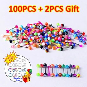 100PCS Assorted Colors Tongue Rings Nipple Ring 14G Stainless Steel Bar Barbells - Picture 1 of 5