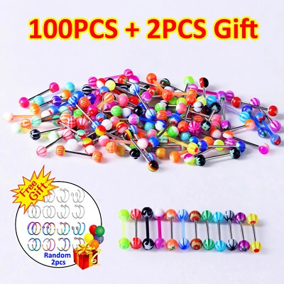 100PCS Assorted Colors Tongue Rings Nipple Ring 14G Stainless Steel Bar Barbells - Image 1 of 4