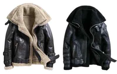 Women's Winter Faux Shearling Bomber Jacket Real Sheepskin Leather Aviator Coat - Image 1 of 2