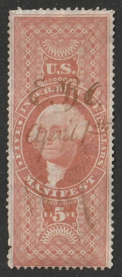 US Revenue (Scott R90c) 1862 First Issue $5 red MANIFEST Documentary USED - Image 1 of 1