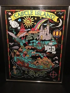 VTG Western Graphics Fuzzy Velvet Blk Light Island Poster Signed Logan 99 Framed - Picture 1 of 8