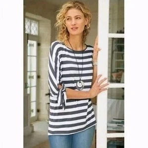 Soft Surroundings Adrift Top Gray White Stripe Nautical Tie Shirt Relaxed Casual - Picture 1 of 8