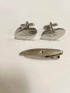 Vintage MCM Atomic Silvertone Cufflinks Tie Bar Clip Set Starburst - Picture 1 of 4