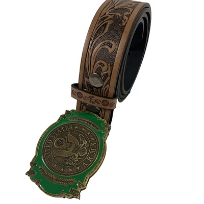 Vintage United States Army Belt Brown Tooled Faux Leather Green Brass Buckle 90s - Image 1 of 4