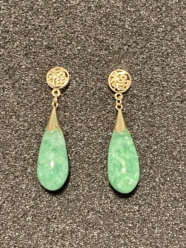 Pendientes Orientales Jadeíta Verde 14K Estilo Gota Hermosos Musgo Auténtico En Nieve Foto 1 de 1