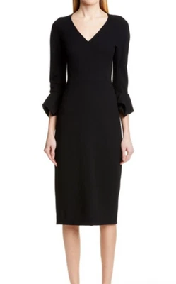 Vestido Vaina LELA ROSE Midi Negro Talla 2 Sexy LBD Pañuelo Manga Escote en V Foto 1 de 4