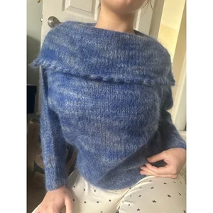 Vintage Mohair Wolle Pullover blau Kragen Bohemian flauschig warm Fledermaus Flügelärmel  - Bild 1 von 24