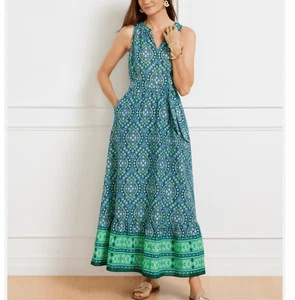 Talbots Tiered Maxi Dress Cotton Damask Blue green Floral Sleeveless 4P Sundress - Picture 1 of 17