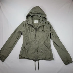 H&M L.O.G.G. Jacket Womens 6 Olive Green Hooded Utility Anorak Zip Pockets Coat - Picture 1 of 12