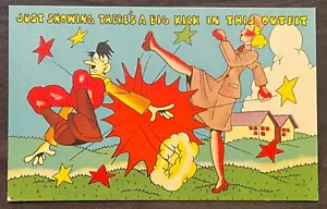 WW II Linen Propaganda Postcard WAC In Uniform Kicks Hitler In The Butt - Picture 1 of 2