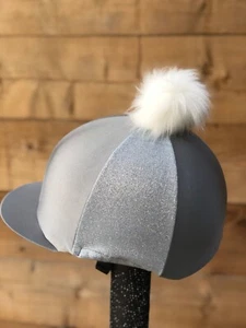 Horse Riding hat silk silver Grey glitz fur Pom, Wool Or Button Top - Picture 1 of 19